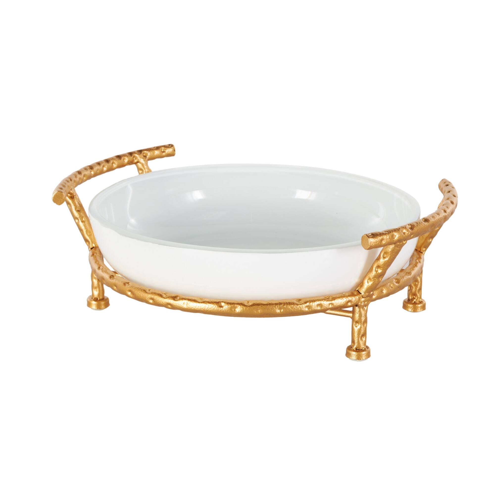 14.5" White Tempered Glass Kitchen Serving Bowl with Gold Metal Stand